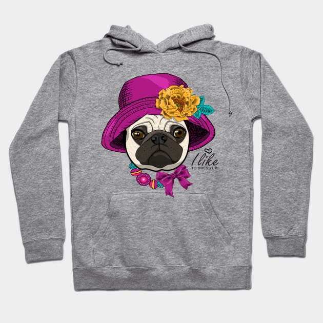 Vector dog with hat, yellow flower and nacklace. Hand drawn illustration of dressed pug Hoodie by amramna